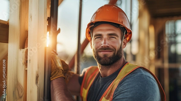 Fototapeta Construction site worker in helmet working outdoor. A builder in a safety hard hat at constructing buildings.