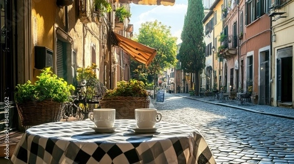 Fototapeta A charming outdoor Italian caf with checkered tablecloths, espresso cups, and a view of a cobblestone street.