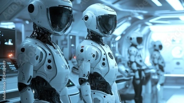 Fototapeta Futuristic robotic assistants in space exploration setting with advanced technology