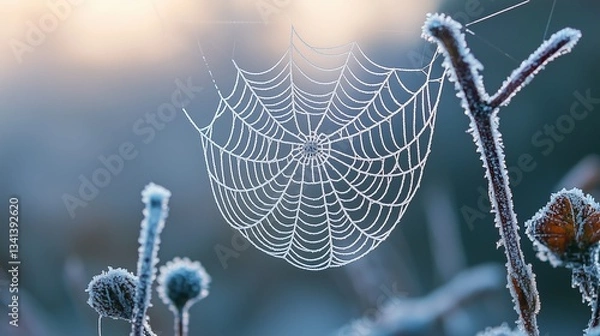 Obraz Frost-Kissed Spiderweb Close-Up on Foggy Morning - Delicate Winter Nature