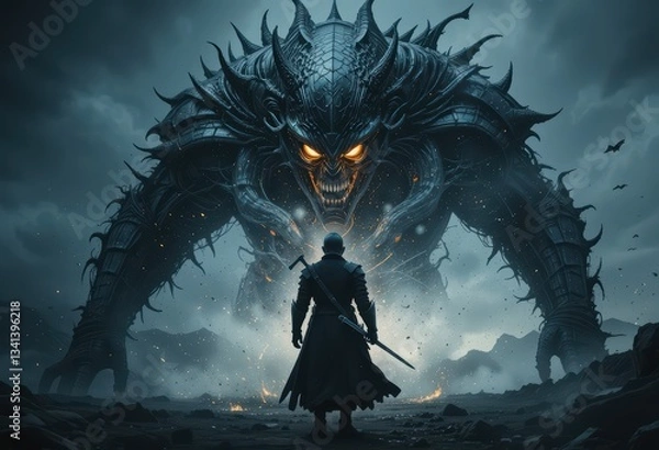 Obraz knight with sword fighting a monster