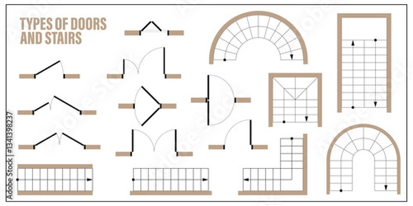 Fototapeta Architectural elements set for floor plan top view. Kit of icons for interior project. Door, stair for scheme of apartments. Construction symbol, graphic design element, blueprint. Vector illustration