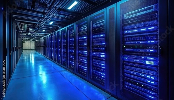 Obraz A long corridor filled with server racks on both sides, illuminated by cool blue lighting from the ceiling and the glowing lights on the servers. 