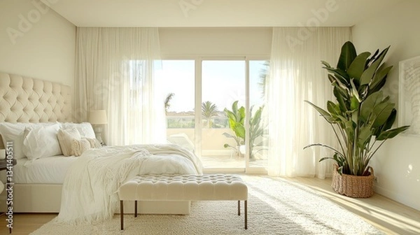 Fototapeta Sunny bedroom with patio view, stylish design