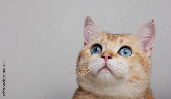 Obraz Funny Scottish Fold cat with beautiful big eyes in gray background. Free space for text.