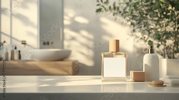 Fototapeta A perfume bottle in a bathroom setting with a blurred background, suggesting a clean and modern space.
