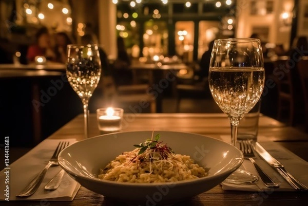 Fototapeta Cozy Dinner Setting with Delicious Plate of Risotto and Wine Glasses