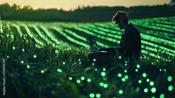 Fototapeta Precision agriculture: Data scientist analyzing crops on a luminous green field