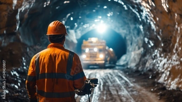 Fototapeta Coalmine Surveyor Inspecting Tunnel with Heavy Loader in the Background