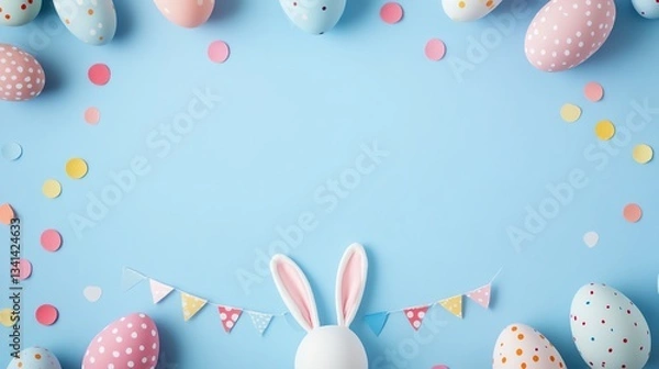 Fototapeta Easter - themed Image with Bunny Ears and Colorful Eggs on a Blue Background