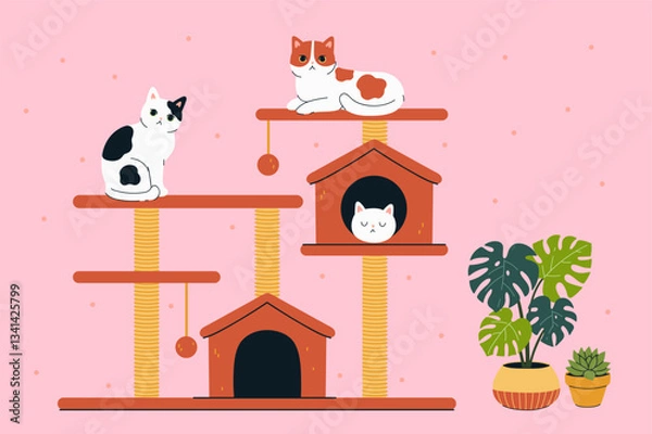 Obraz Cat tree towers with cute cats. Vector graphics.