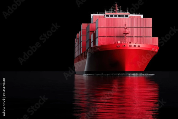 Fototapeta Red cargo ship sailing on calm water at night, creating a dramatic and visually striking image, representing global trade, transportation, and logistics