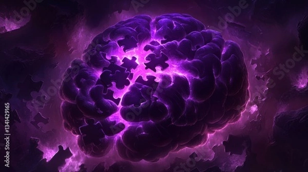 Fototapeta Purple Puzzle Brain A Glowing Representation Of Human Intelligence And Thought, Surrealism