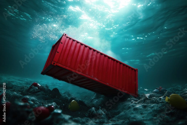 Fototapeta Red shipping container sinking underwater, surrounded by garbage and plastic waste, highlighting environmental damage and pollution caused by maritime accidents