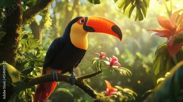 Fototapeta A bright and colorful toucan perched on a tree branch, surrounded by tropical flora