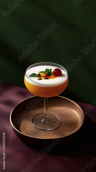 Fototapeta A luxurious layered dessert elegantly presented in a glass, showcasing rich textures and vibrant colors. Soft lighting enhances its creamy and decadent appearance.