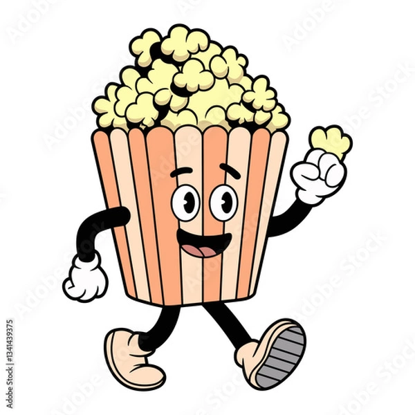 Fototapeta Vector playful cartoon popcorn character with arms and legs is happily walking along