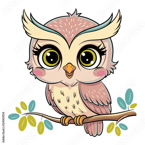Fototapeta Cute kawaii owl vector illustration in flat design style with vibrant colors on a branch