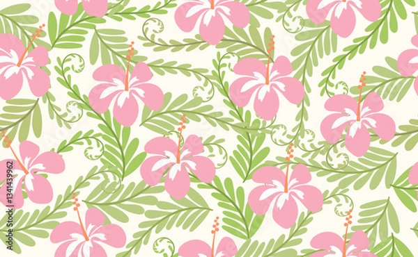 Fototapeta Tropical vector seamless pattern in flat style. Modern abstract botanical contemporary pattern with hibiscus flower, exotic leaves. Hawaii jungle eunique print. Fashionable template.