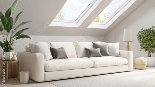 Obraz Attic sofa, skylights, plants, relaxing