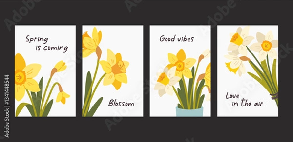 Fototapeta Floral posters. Gift cards with flat daffodils and spring wishes. Graphic illustration with flowers