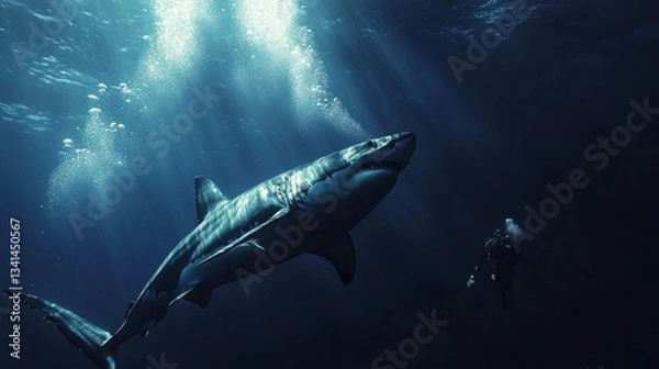 Fototapeta Underwater Encounter: A Great White Shark and Diver in a Deep Blue Ocean