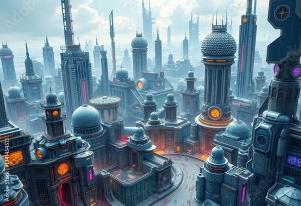 Fototapeta A futuristic cityscape with archaic structures seamlessly integrated, showcasing technological advancement through time, steampunk,  soaring