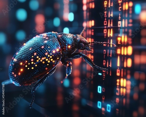 Obraz A bug interacting with flowing binary code, representing the challenge of software debugging, ultrarealistic, glowing code, sharp focus, digital theme