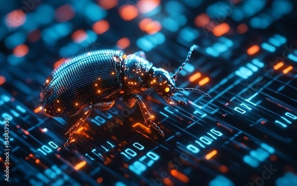Fototapeta A bug perched on flowing binary digits, symbolizing software debugging and testing, glowing code streams, hightech scifi design, highly detailed