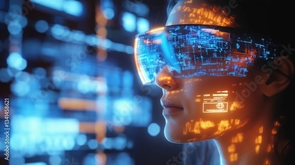 Fototapeta Woman immersed in augmented reality experience with advanced digital interface