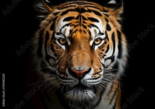 Fototapeta Close-up of a majestic tiger against a black background. Generative Ai