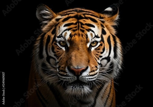 Fototapeta Close-up of a majestic tiger against a black background. Generative Ai