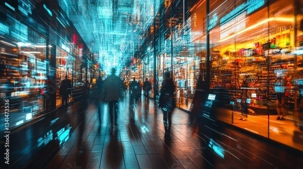 Fototapeta Surreal retail environment with motionblurred shoppers, emphasizing big data insights and sales forecasting, cyberpunk aesthetics, glowing screens, ultradetailed