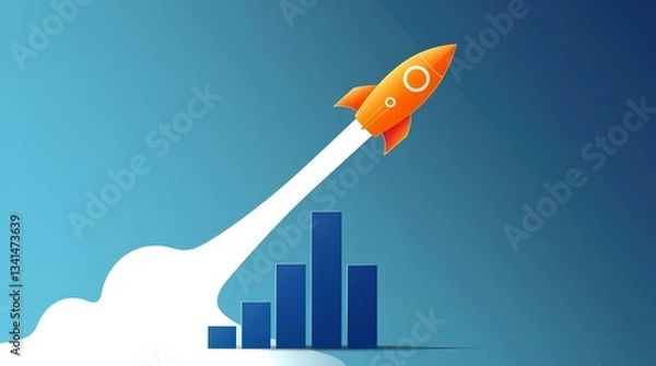 Fototapeta orange startup rocket soaring upwards with a dynamic growth trajectory on a blue background