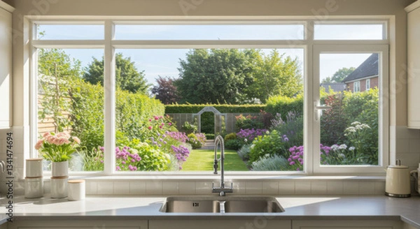Fototapeta a kitchen with a large window above the sink overlooking a garden natural light