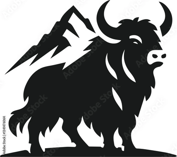 Obraz Yak standing with a mountain peak animal vector silhouette