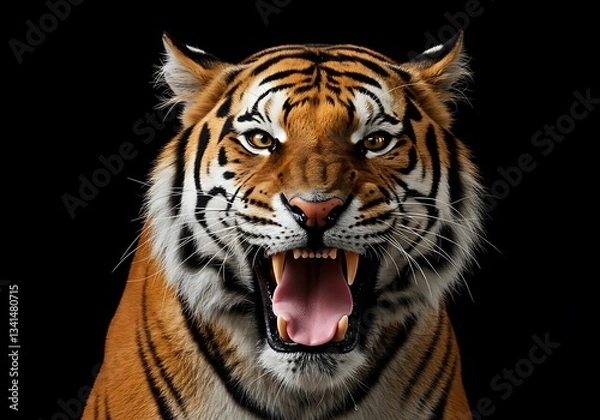 Fototapeta Fierce Tiger Portrait Against Black Background. Generative Ai