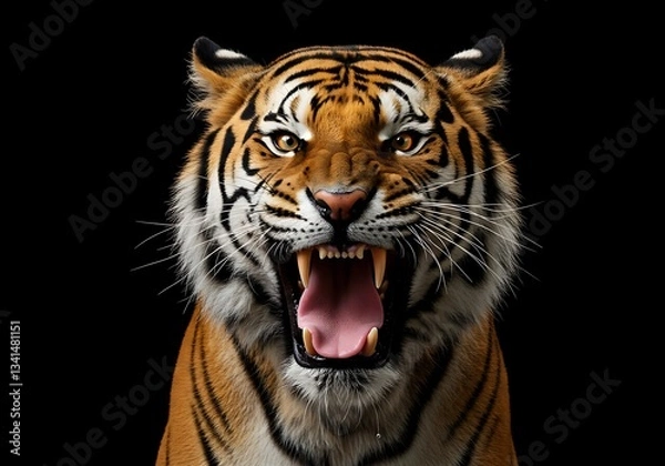 Fototapeta Fierce Tiger Portrait Against Black Background. Generative Ai