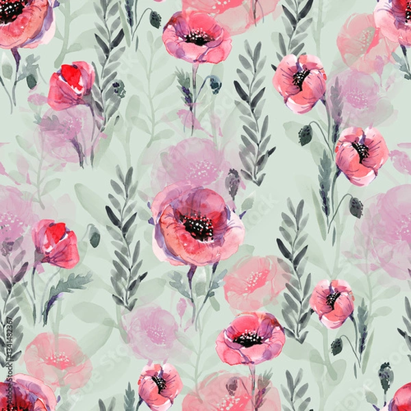 Obraz Seamless print, pattern for printing, design, fashionable print with red flowers. Stylish pattern for fabric, scarf, packaging. A sophisticated watercolor light pattern of flowers, poppies.