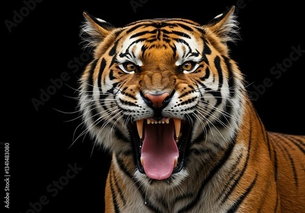Fototapeta Fierce Tiger Portrait Against Black Background. Generative Ai