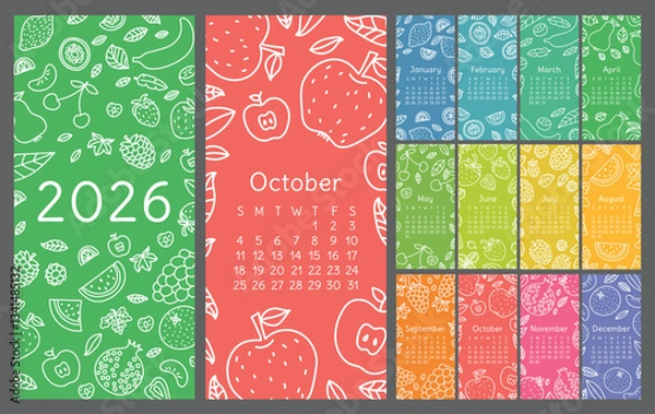 Fototapeta Calendar 2026. Vector English wall calender template. Fruits, berries. Lemon, kiwi, banana, pear, cherry and strawberry. Raspberry, watermelon, grapes, apple, pomegranate and mandarin. Doodle design