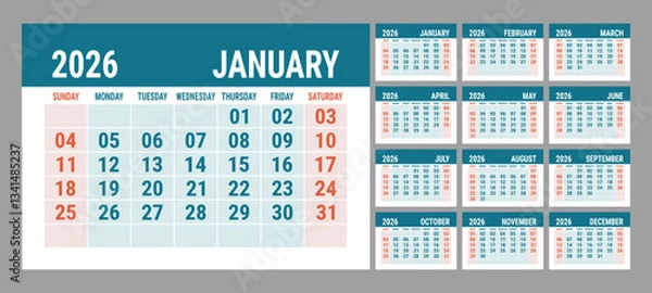 Fototapeta Calendar 2026 year. English template. Vector horizontal grid. Landscape orientation. Office business planning. Creative design. Red and blue color