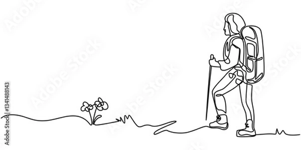 Fototapeta Single one line drawing hiking hikers couple man woman with backpacks, Continuous one line drawing woman hiker with backpack and map hiking in mountain or forest and exploring nature. Active outdoor.