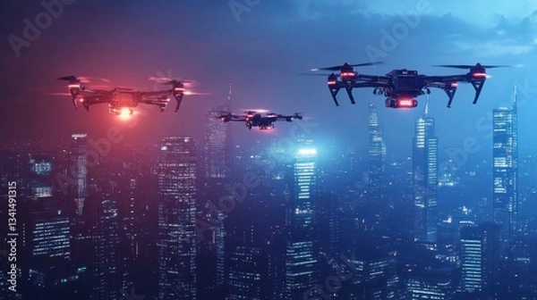 Fototapeta Futuristic urban surveillance concept with ai-powered drones patrolling the cityscape
