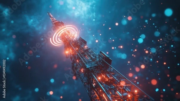 Obraz A 5G tower emitting high-speed signals, with a glowing speed icon indicating lightning-fast internet connectivity and seamless mobile experiences 