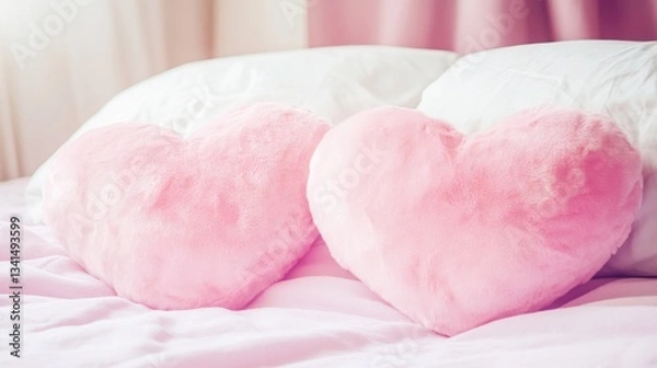 Fototapeta Two pink heart-shaped pillows resting on a neatly made bed against a soft pastel-colored wall, creating a cozy and romantic atmosphere.