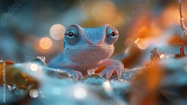 Fototapeta A baby chameleon resting on a pastel-colored branch, its tiny eyes focused on the surroundings, with a dreamy pastel sky in blue, white, and yellow hues creating a peaceful atmosphere.

