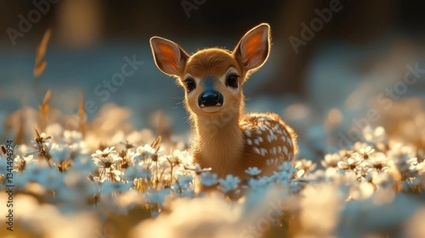 Fototapeta A baby deer with large, gentle eyes peeking out from behind soft flowers, surrounded by a pastel gradient of soothing blue, warm yellow, and white, giving a peaceful, magical feeling.