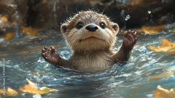 Fototapeta A baby sloth gently swinging from a vine with a serene smile, surrounded by soft pastel-colored clouds and a dreamy gradient of blue, white, and yellow