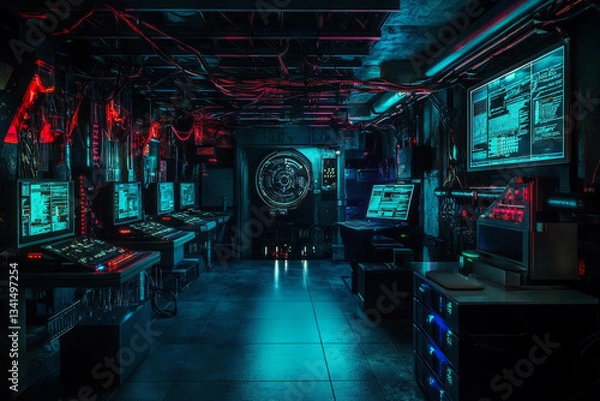 Obraz A hidden underground cyber lab 3D background room with rows of powerful supercomputers, glowing neon cables running along the walls, and secret research documents displayed on holographic monitors.